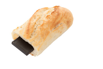 piece of baguette bread cut with bar of chocolate in png white background