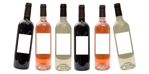 Set of white pink rose and red wine bottles isolated png on white background