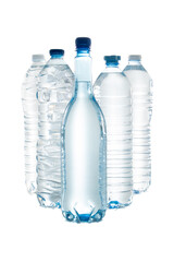 Group plastic bottles of water isolated cutout PNG  white background