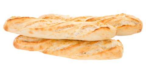french bread three baguette typical of France in white png isolated background