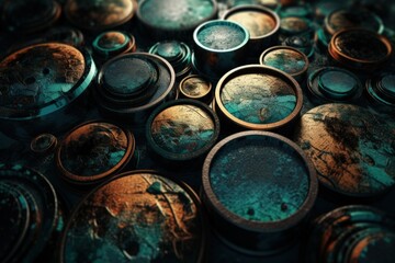 collection of vintage metal artifacts up close. Generative AI