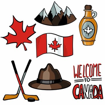 sef of stickers about Canada. collection of canadian traditional items and symbols