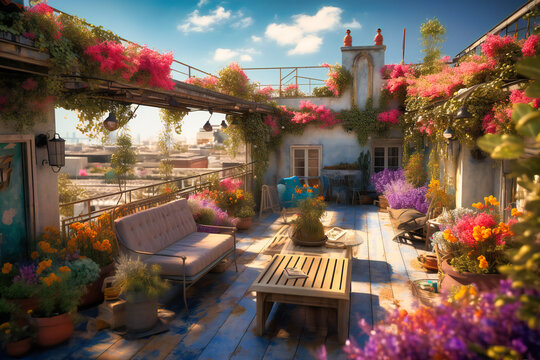 A Sun-soaked Rooftop Terrace Adorned With Bright Flowers, Comfortable Seating, And A Pitcher Of Cold Lemonade