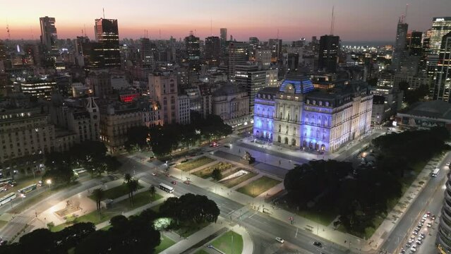 Aerial Drone Above Kirchner Cultural Centre at Night in Buenos Aires Argentina Auditorium for Theatre and Concerts