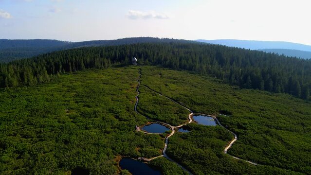 Aerial 4K footage of Lovren&scaron;ka jezera, which is set of interconnected lakes located in the heart of the Rogla. Surrounded by forests, this destination offers a chance to relax in the beauty of nature.