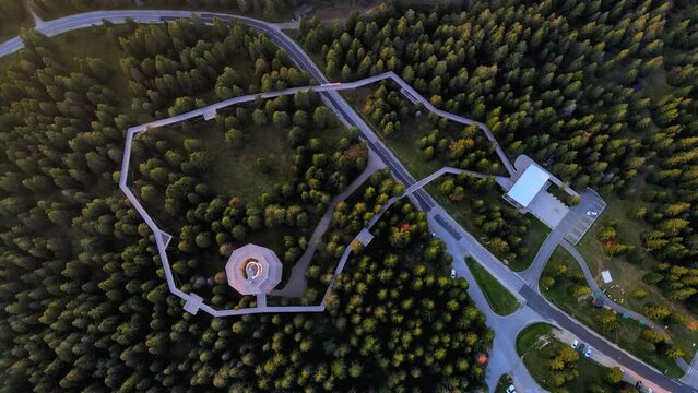 Aerial 4K footage of Pot med kro&scaron;njami, located in the heart of Rogla's dense forest. Visitors can experience a treetop walk and a chance to observe local wildlife from a new perspective.