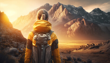 Fototapeta na wymiar Back view of young woman hiker standing on mountain ridge reaching the summit 