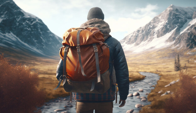 Back view of traveler man tourist in jacket with with backpack watching amazing view, standing on road in front of snowy great mountain, generative ai 