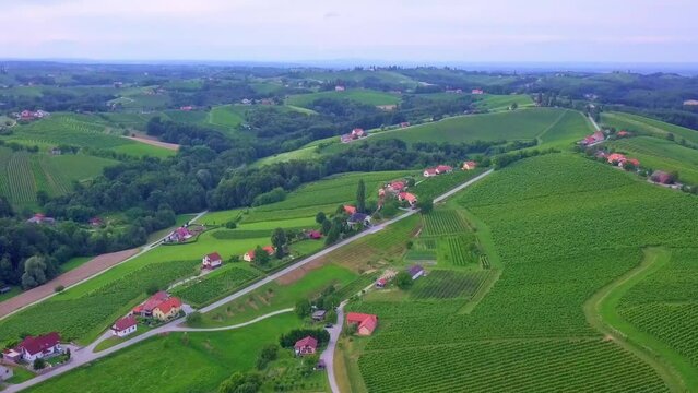 Aerial drone 4K footage of Prlekija which is a picturesque region in northeastern Slovenia known for its rolling hills, lush vineyards, and rich cultural heritage.