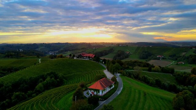 Aerial 4K drone footage of wine cottage Malek which lies in the in the hills northeast of Ormož in northeastern Slovenia.