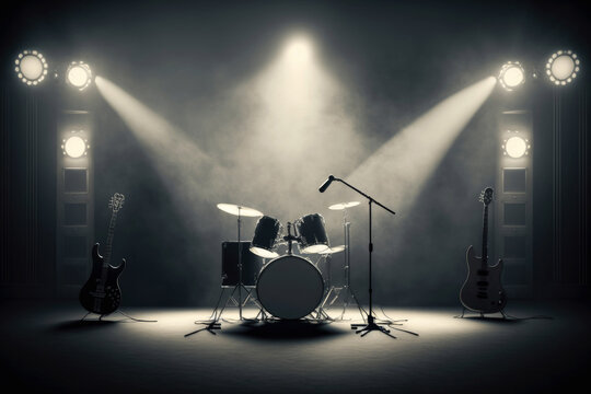 Empty stage with a set of drums under the spotlight, black and white image. Generative AI
