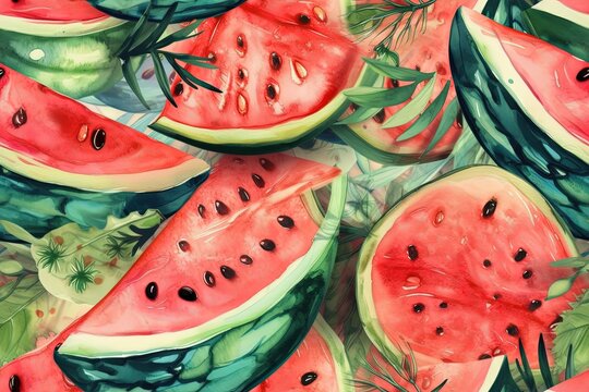 watermelon slices and leaves in a colorful painting. Generative AI