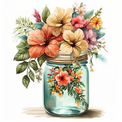 A Splash of Paradise, Watercolor Tropical Flowers in Mason Jar Bouquet, Isolated on White Background - Generative AI