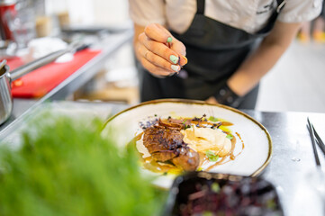 Chef cooking Roasted Duck breast fillets with vegetable pure on restaurant kitchen