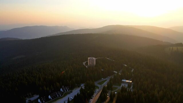 Aerial 4K footage of Pot med kro&scaron;njami, located in the heart of Rogla's dense forest. Visitors can experience a treetop walk and a chance to observe local wildlife from a new perspective.