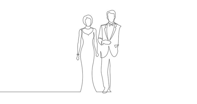 Animation of an image drawn with a continuous line. A woman in an evening dress walks next to a man in a tuxedo.