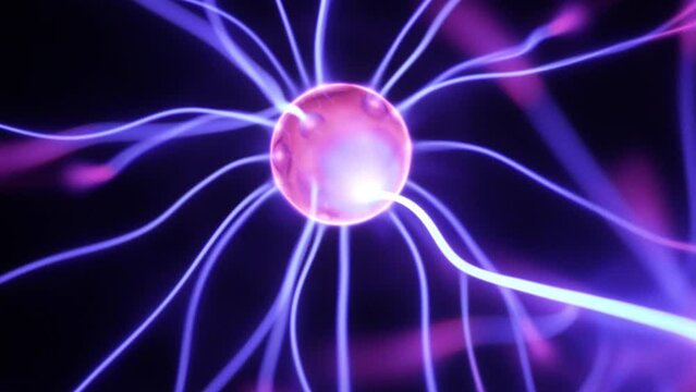 Plasma globe in slow motion. Center ball emitting blue and purple energy rays and electric discharge with a strong white light beam in the corner. Tesla coil. Close up.