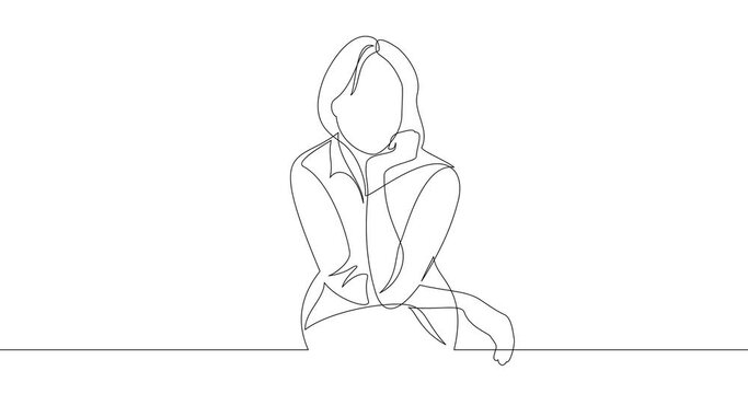 Animation of an image drawn with a continuous line. The woman sits and supports her head with her hand. The girl is pensive.