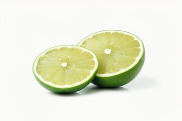 Naklejka na ściany i meble Green lime with cut in half and slices isolated on white background, Generative AI.