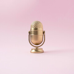 Gold microphone on pink background. Live concert. Record stage.
