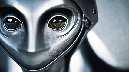 alien robot with metalic face and human-like eyes, generative AI