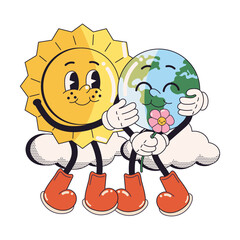 Save the planet stickers in trendy retro cartoon style. Sticker pack for Earth or World Environment Day. Funny vector illustration of planet Earth with the Sun smiley face. Eco green labels or badges.