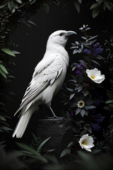 White raven with gothic floral background