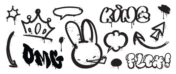 Set of graffiti spray pattern. Collection of black symbols, arrow, rabbit, text, crown and stroke with spray texture. Elements on white background for banner, decoration, street art and ads. - obrazy, fototapety, plakaty