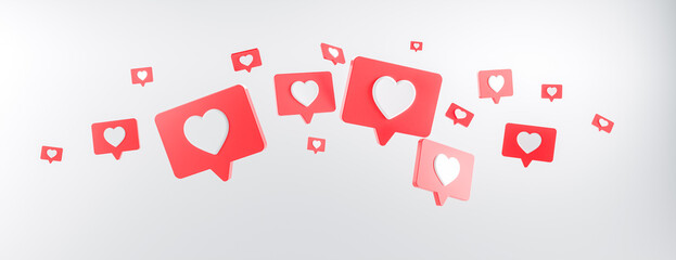 Social media notification like icon in red rounded square pin on white background. 3d render