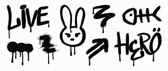 Set of graffiti spray pattern. Collection of black symbols, arrow, rabbit, text, line, fishbone and stroke with spray texture. Elements on white background for banner, decoration, street art and ads.