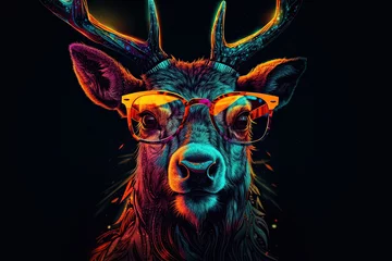 Foto op Aluminium Generative AI illustration of a realistic hipster character Deer in sunglasses and neon colors. © Anastasia