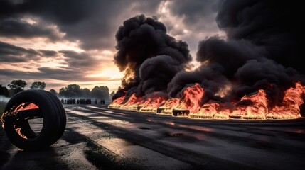 Burning tires on asphalt. Thick black smoke. Dark scene. Can be used to illustrate environmental pollution. Generative AI photography.