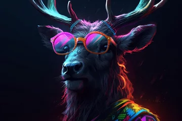 Poster Im Rahmen Generative AI illustration of a realistic hipster character Deer in sunglasses and neon colors. © Anastasia