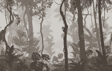 Seamless horizontal background, vector. Jungle, tropical forest with a variety of plants, trees and vines. neutral tones - 585716695
