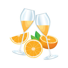 Mimosa cocktail with oranges icon set vector. Two champagne flutes with orange juice illustration. Mimosa alcoholic drink icons isolated on a white background. Celebration toast with mimosa drawing