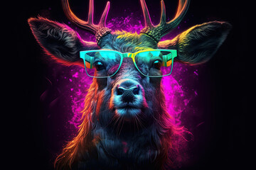 Generative AI illustration of a realistic Deer character wearing sunglasses and neon colors.