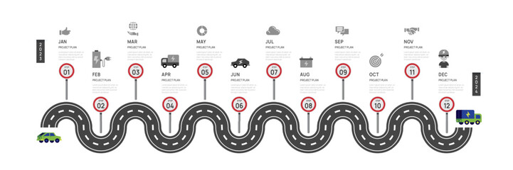 Infographic Roadmap template for business. 12 Months modern Timeline element diagram calendar, 4 quarter steps milestone EV Car vector infographic.
