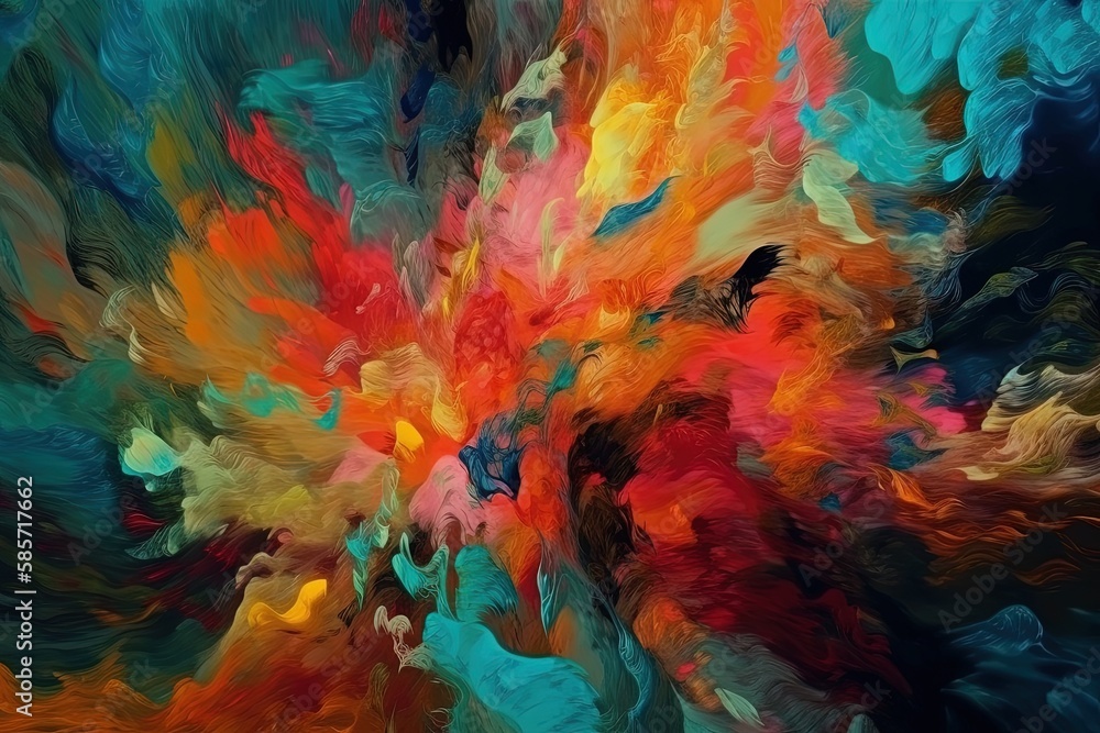 Poster vibrant and abstract painting filled with color and movement. generative ai