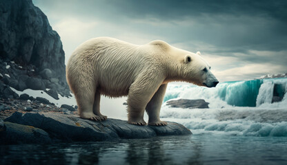 Plakat Polar bear in the Arctic near the water. AI generated