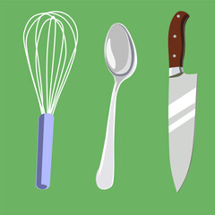 set of kitchen tools in flat style. knife,whisk and spoon in vector.