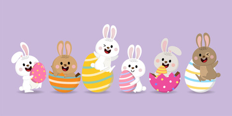 Easter holidays greeting card with cute bunny and eggs. Happy rabbit character set. Animal wildlife  cartoon. -Vector.