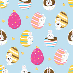 Happy Easter greeting card with cute bunny and eggs. Rabbit character set. Animal wildlife holidays cartoon. -Vector.