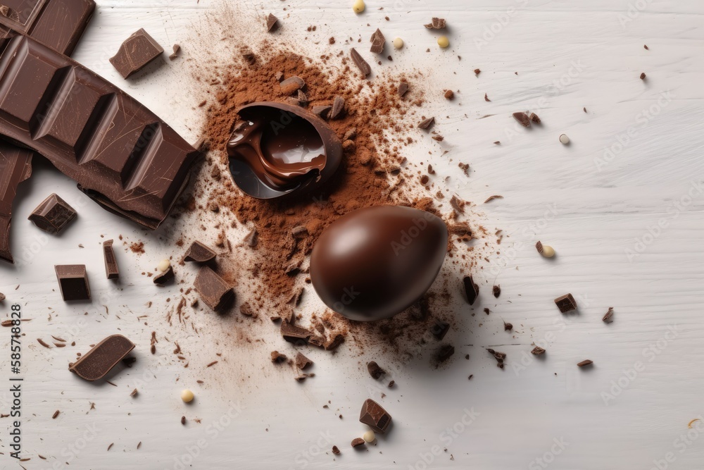 Poster table filled with various types of chocolate and chocolate pieces. generative ai