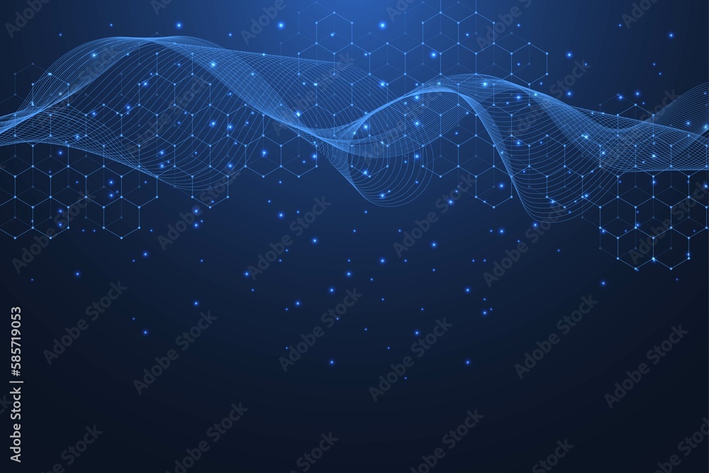 Leinwandbilder Technology abstract lines and dots connect background with hexagons. Hexagon grid. Hexagons connection digital data and big data concept. Hex digital data visualization, illustration.