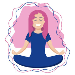 Cartoon woman meditating with abstract wavy lines