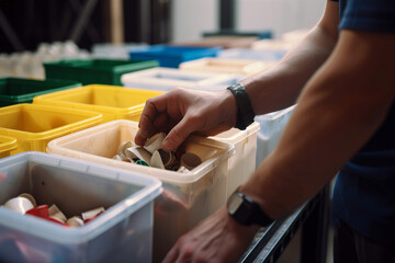 a man sorting recyclables, hands close-up, created by a neural network, Generative AI technology