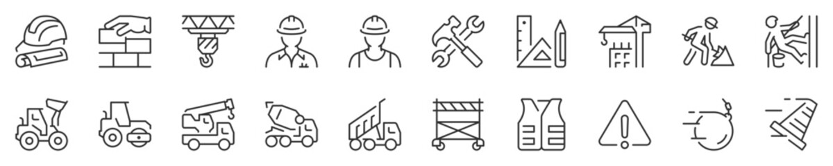 Construction and architecture thin line icon set. Symbol collection in transparent background. Editable vector stroke. 512x512 Pixel Perfect.