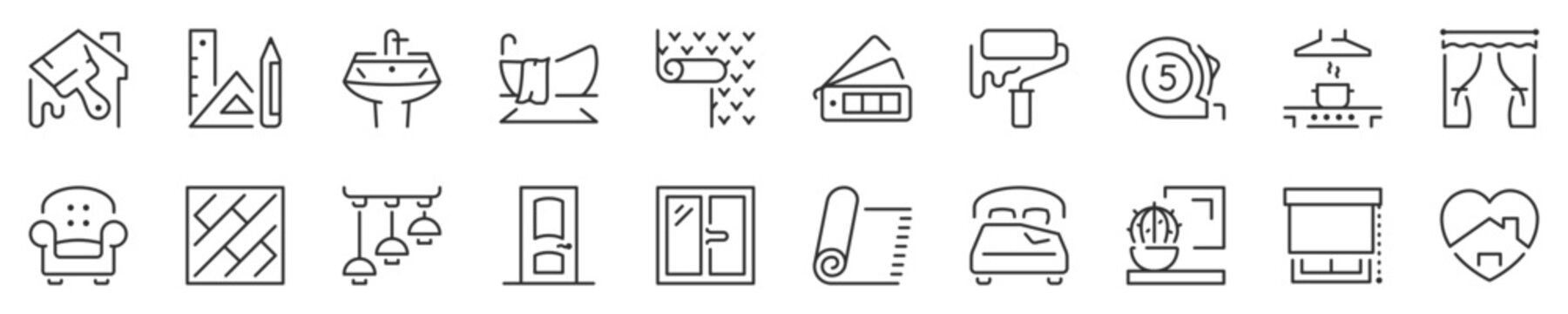 Home decoration and interior design thin line icon set. Symbol collection in transparent background. Editable vector stroke. 512x512 Pixel Perfect.