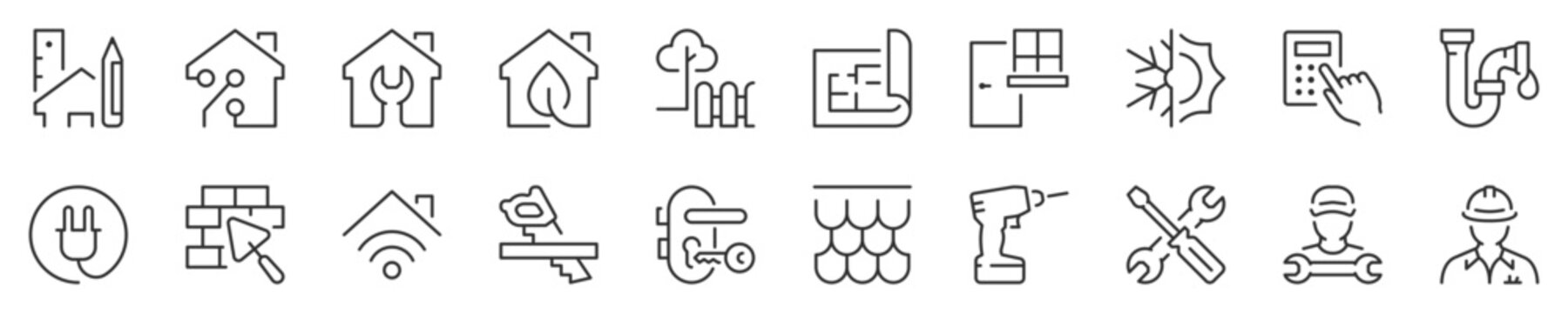 Home renovation, improvement and repair thin line icon set. Symbol collection in transparent background. Editable vector stroke. 512x512 Pixel Perfect.