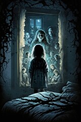 Little girl. Horrible room full of monsters. Beautiful illustration picture. Generative AI